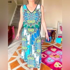 London Times Sleeveless Blouson Maxi Dress Women’s Size 12 Blue Green Coral